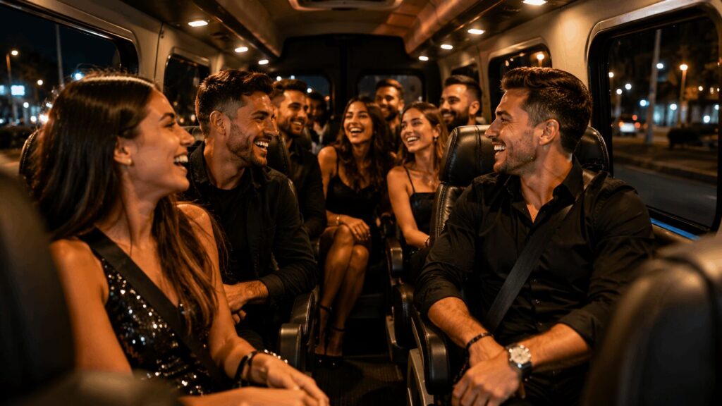 הסעות השחף VIP - נוסעים נהנים מנסיעה משותפת במיניבוס בדרך לחגיגת יום הולדת