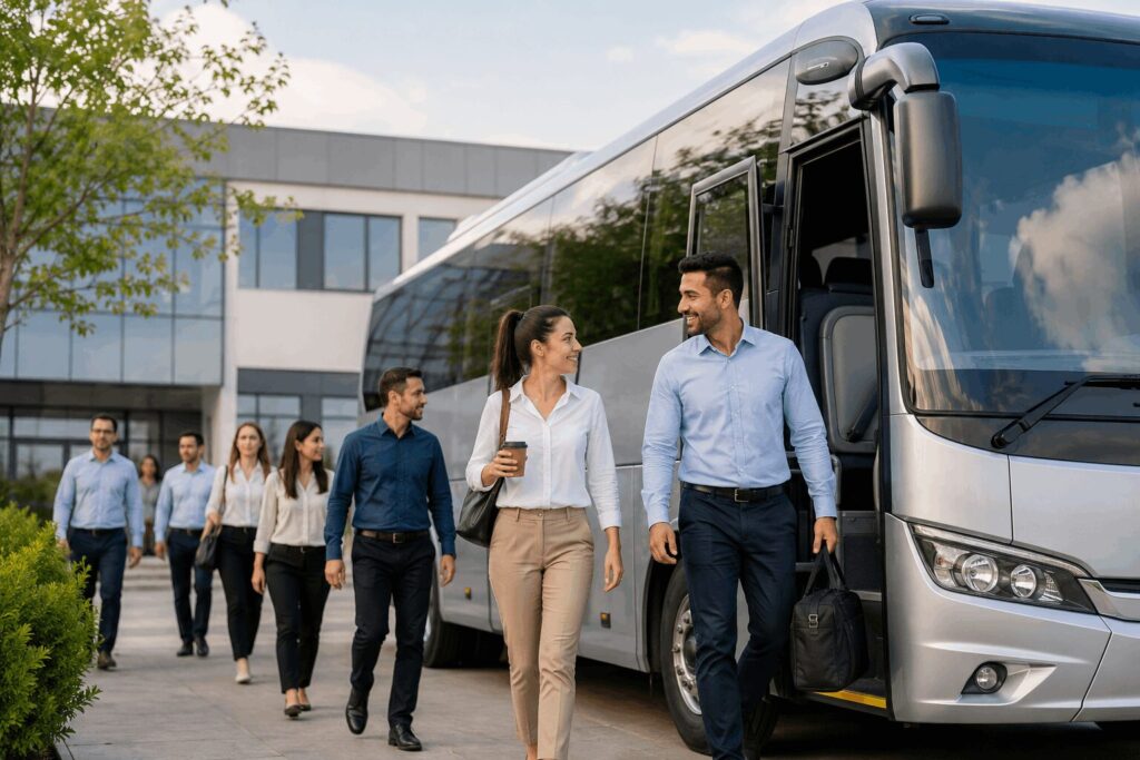 הסעות השחף VIP - עובדים יורדים ממיניבוס בכניסה למקום העבודה במסגרת שירות הסעות עובדים