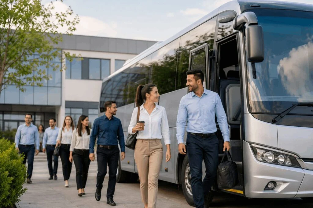 הסעות השחף VIP - עובדים יורדים ממיניבוס בכניסה למקום העבודה במסגרת שירות הסעות עובדים