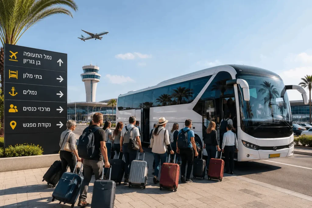 הסעות השחף VIP מסיעה קבוצת תיירים עם מזוודות מנמל התעופה בן גוריון לטיול בישראל