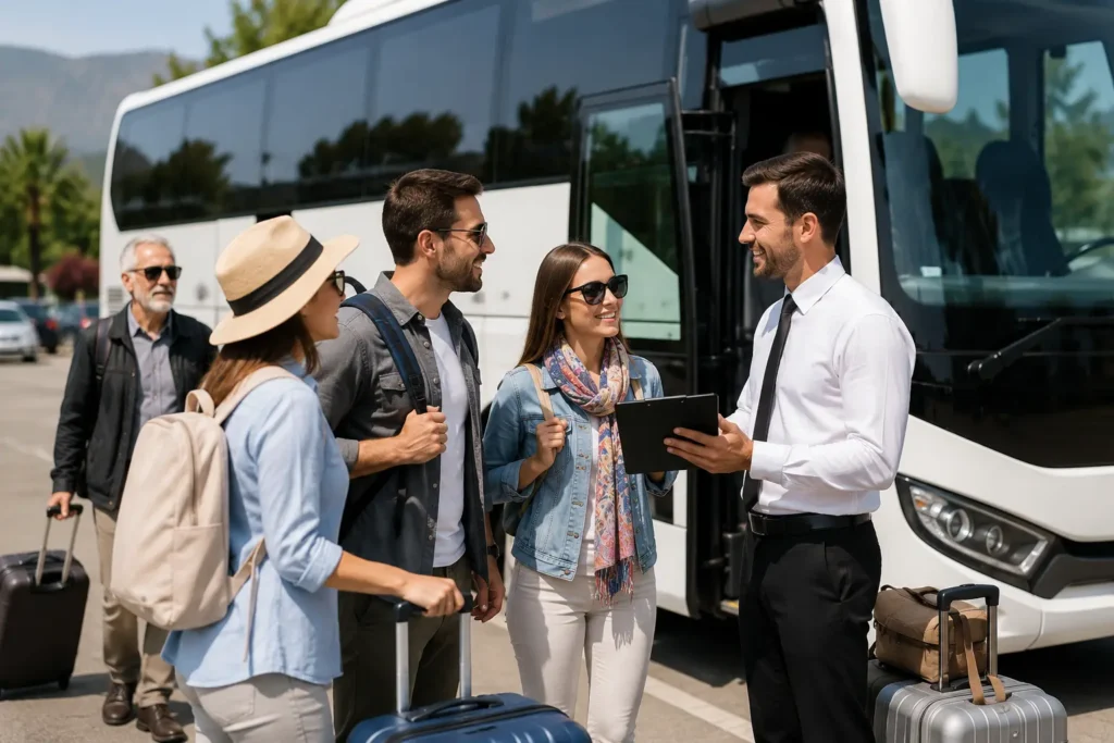 הסעות השחף VIP מתאמת הסעת קבוצת תיירים לאוטובוס לפני יציאה לטיול בישראל