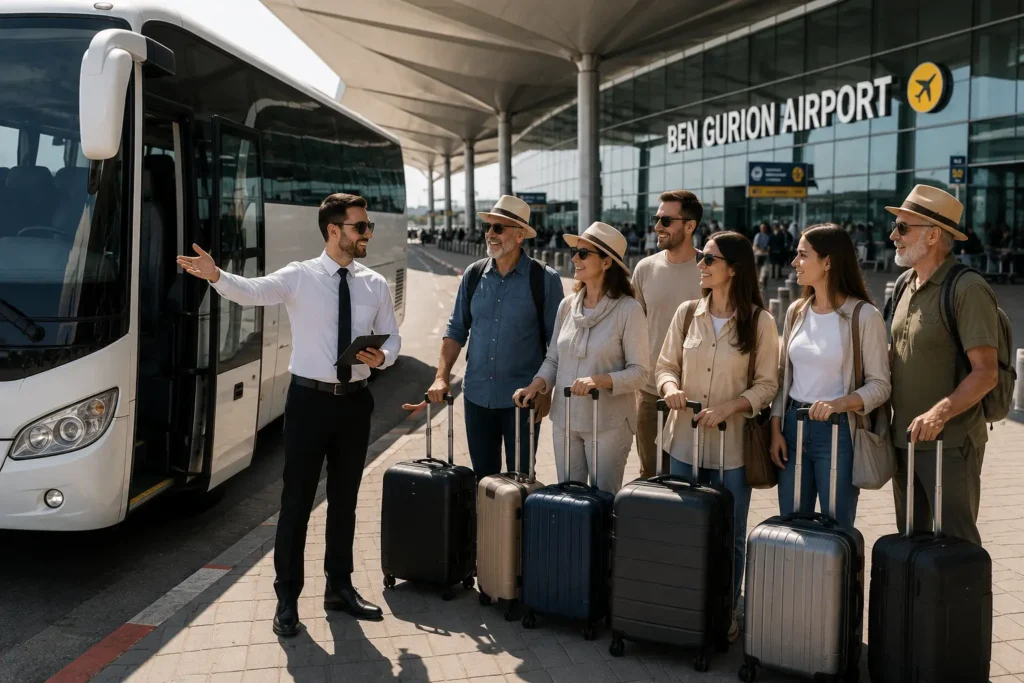 הסעות השחף VIP אוספת קבוצת תיירים עם מזוודות מנמל התעופה בן גוריון לקראת נסיעה ברחבי ישראל