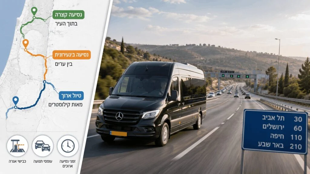 מיניבוס בדרכו לנסיעה בין-עירונית המדגימה כיצד מרחק הנסיעה משפיע על מחיר ההסעה - הסעות השחף VIP