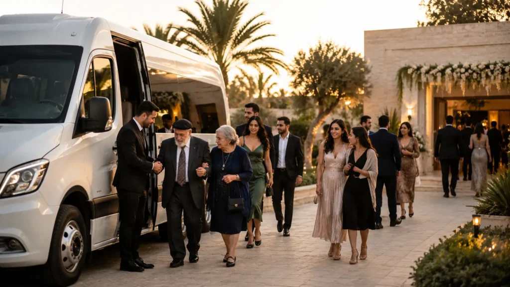 אורחים מגיעים יחד במיניבוס יוקרתי לאולם אירועים במסגרת שירות הסעות מאורגנות לאירועים - הסעות השחף VIP