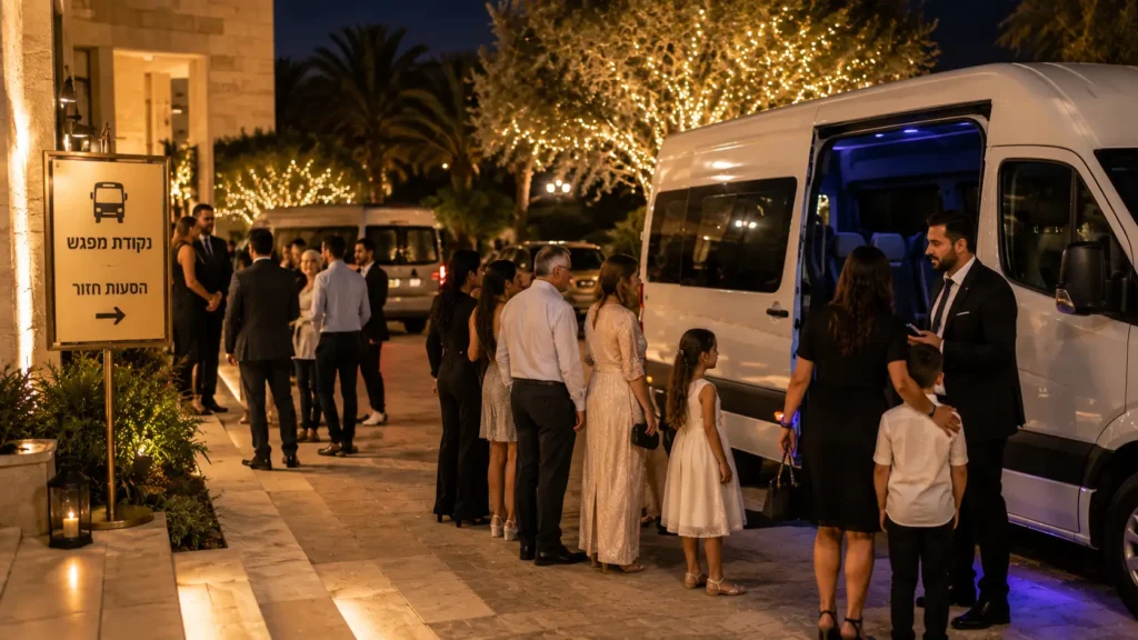 אורחים ממתינים לעלות למיניבוס מאורגן בסיום אירוע בנקודת המפגש להסעות חזור - הסעות השחף VIP