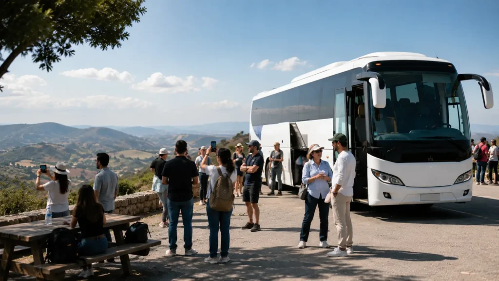 אוטובוס לטיולים ממתין לקבוצת מטיילים בנקודת תצפית בישראל - הסעות השחף VIP