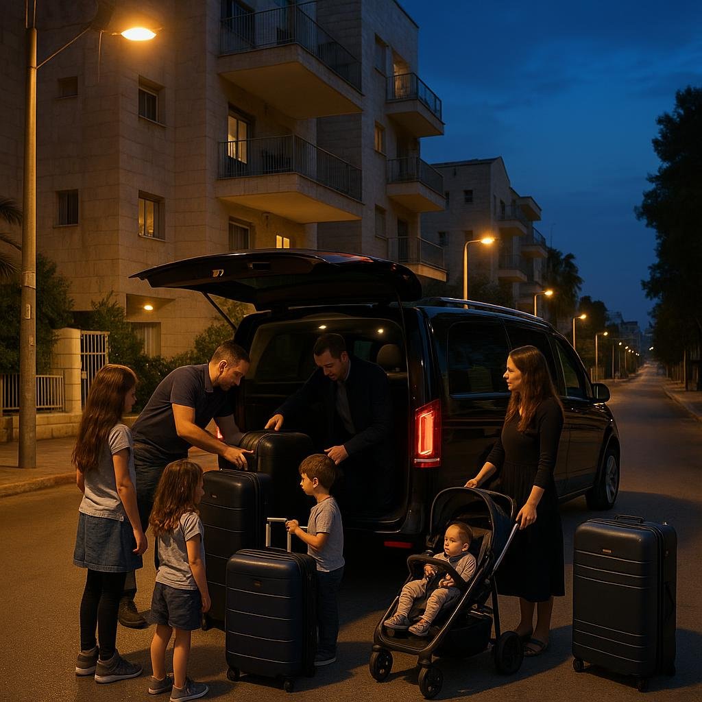 משפחה מעמיסה מזוודות לוואן לפני נסיעה לנתב"ג