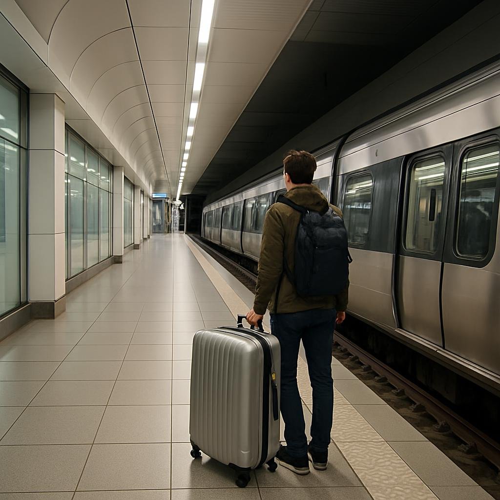 נוסע עם מזוודה ממתין לרכבת בתחנה